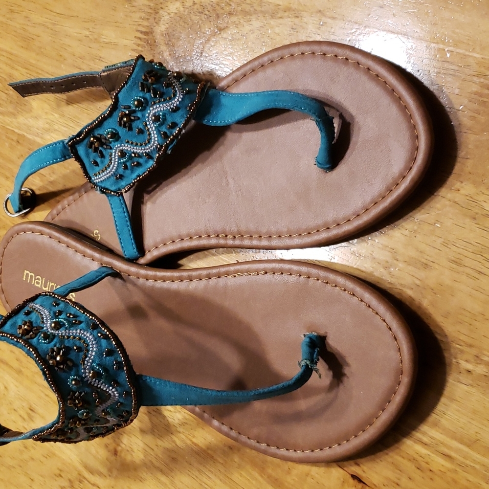 Maurice's Green Thong Sandals with White/Gold Beaded Detail.